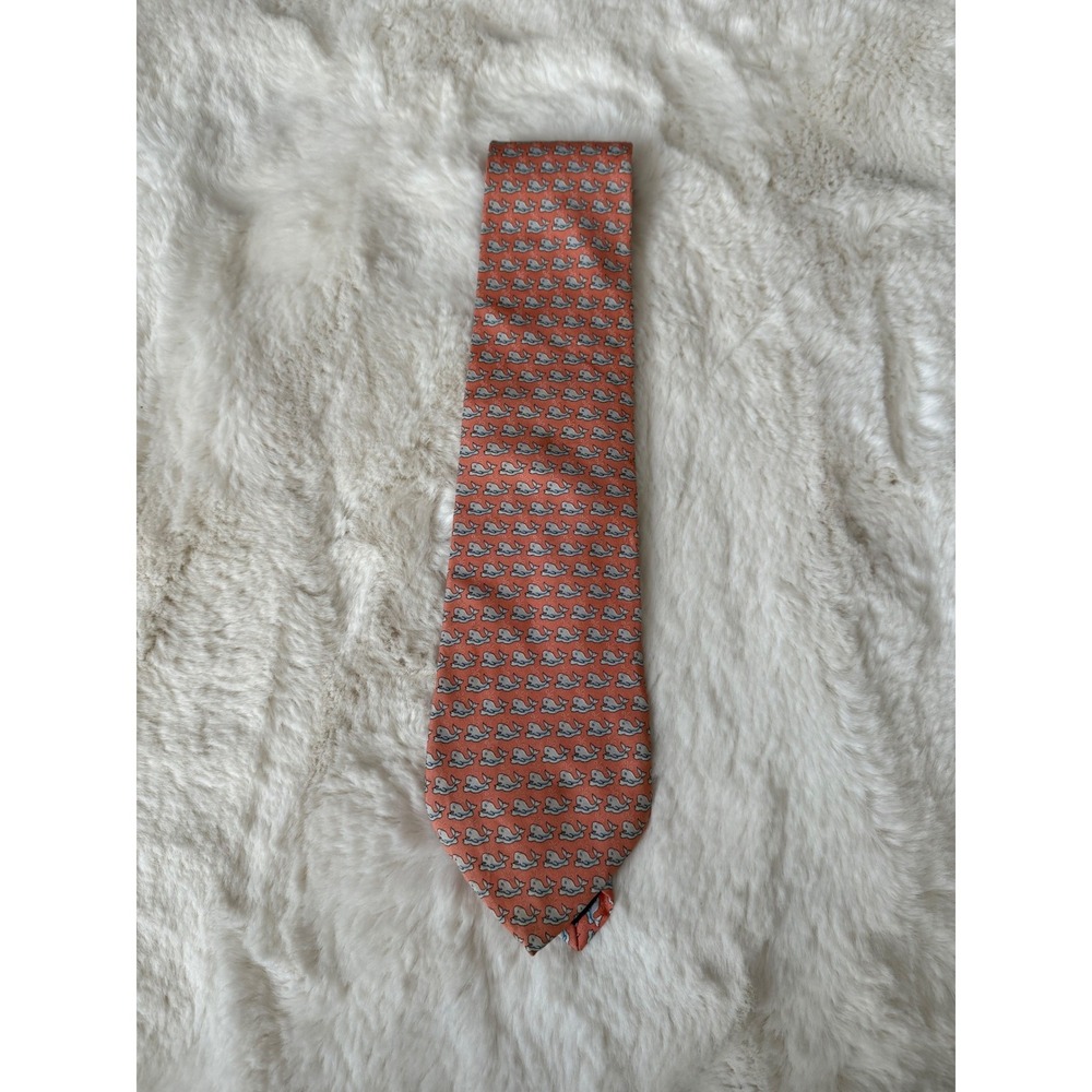 Vineyard Vines Coral Pink‎ Whale Print Silk Preppy Neck Tie Nautical Academia